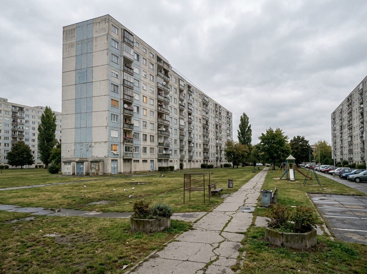 Újpesti lakótelep tágas zöld területe hosszú panelházak között — konténer rendelés a IV. kerületben